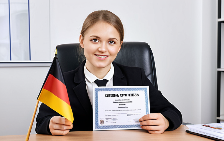 **
A person confidently attending a job interview in a modern office setting, holding a German language certificate, with a globe and various international flags subtly visible in the background. This symbolizes the global career opportunities unlocked by German language proficiency.
**