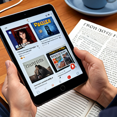 Home 14 A person comfortably wearing headphones, deeply immersed in French media on a tablet or phone (showing a French film or podcast interface). French books and a notebook are present, illustrating daily language immersion and active listening in a cozy setting.