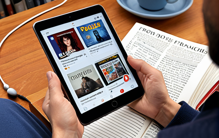 A person comfortably wearing headphones, deeply immersed in French media on a tablet or phone (showing a French film or podcast interface). French books and a notebook are present, illustrating daily language immersion and active listening in a cozy setting.