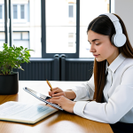 A focused young female student, fully clothed in a professional, modest long-sleeved blouse and dark trousers, appropriate attire, sitting comfortably at a sleek, minimalist wooden desk in a modern, sunlit co-working space. She is looking intently at a tablet screen, wearing over-ear headphones, actively engaging with an AI-powered language learning application. On the desk, there is a neatly organized stack of French textbooks and a small, potted plant. The background features blurred modern architecture and soft natural light, conveying a sense of intellectual growth and global connection. Perfect anatomy, correct proportions, natural pose, well-formed hands, proper finger count, natural body proportions. Professional photography, high quality, studio lighting, soft shadows, sharp focus, vibrant colors, safe for work, appropriate content, fully clothed, family-friendly.
