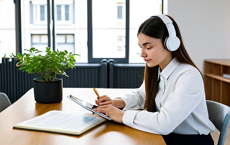 A focused young female student, fully clothed in a professional, modest long-sleeved blouse and dark trousers, appropriate attire, sitting comfortably at a sleek, minimalist wooden desk in a modern, sunlit co-working space. She is looking intently at a tablet screen, wearing over-ear headphones, actively engaging with an AI-powered language learning application. On the desk, there is a neatly organized stack of French textbooks and a small, potted plant. The background features blurred modern architecture and soft natural light, conveying a sense of intellectual growth and global connection. Perfect anatomy, correct proportions, natural pose, well-formed hands, proper finger count, natural body proportions. Professional photography, high quality, studio lighting, soft shadows, sharp focus, vibrant colors, safe for work, appropriate content, fully clothed, family-friendly.
