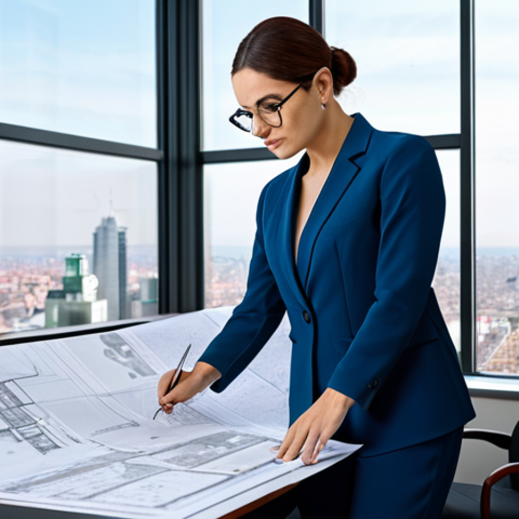 **
A professional female architect in a modern office, reviewing blueprints. She is fully clothed in a modest pantsuit and glasses. The office has large windows with a cityscape view. "Safe for work", "appropriate content", "fully clothed", "professional", perfect anatomy, correct proportions, natural pose, well-formed hands, proper finger count, natural body proportions, high quality rendering.
**