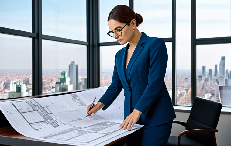**
A professional female architect in a modern office, reviewing blueprints. She is fully clothed in a modest pantsuit and glasses. The office has large windows with a cityscape view. "Safe for work", "appropriate content", "fully clothed", "professional", perfect anatomy, correct proportions, natural pose, well-formed hands, proper finger count, natural body proportions, high quality rendering.
**
