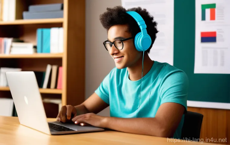 프랑스어 및 독일어 학습에서의 발음 연습 중요성 - **Prompt:** A young, diverse person, approximately 20-30 years old, sitting comfortably at a modern ...