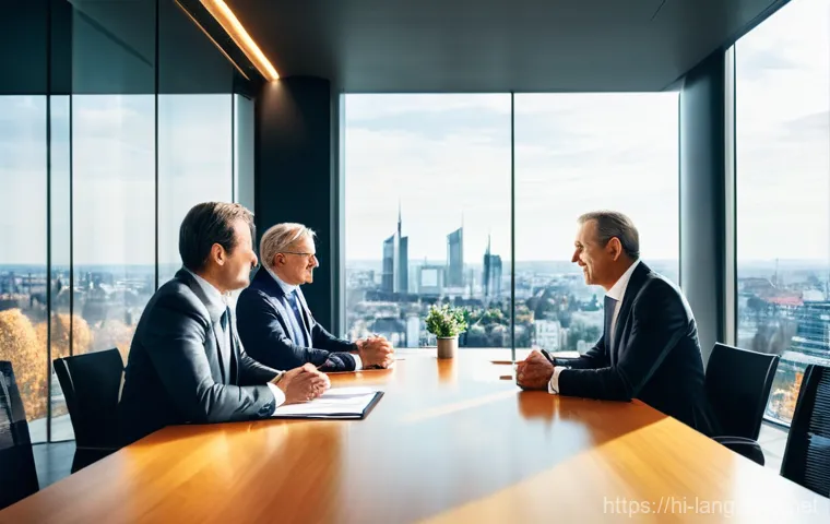 프랑스어와 독일어로 업무 협상 성공 사례 - **Prompt 1: Bridging Cultures with a German Idiom**
"A vibrant business meeting in a spacious, m...