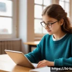 Home 22 프랑스어 및 독일어 시험 관련 최신 기술 활용 - **Prompt 1: Focused Language Learner with AI App**
"A bright, naturally lit indoor scene. A teen...