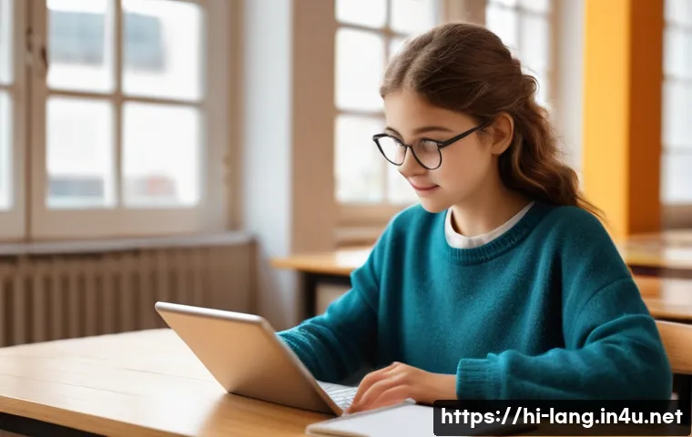 프랑스어 및 독일어 시험 관련 최신 기술 활용 - **Prompt 1: Focused Language Learner with AI App**
"A bright, naturally lit indoor scene. A teen...