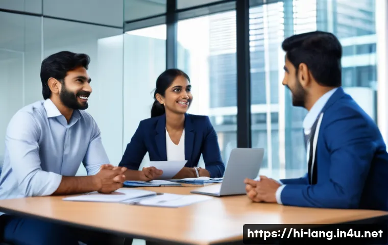 프랑스어 실무에 필요한 필수 단어 - A professional Indian office setting with diverse colleagues engaged in a team meeting, showcasing c...