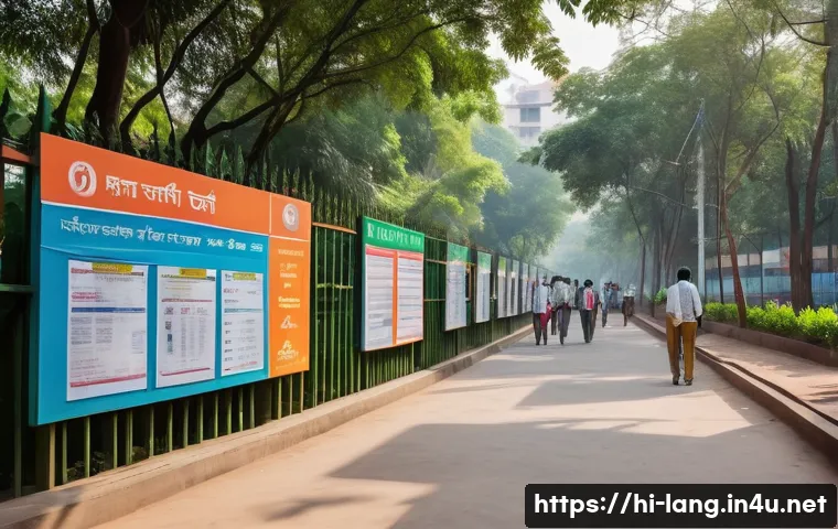 프랑스어 자격증 시험 장소 정보 - A calm and well-organized Hindi exam center near a residential area in India, showing a modern build...