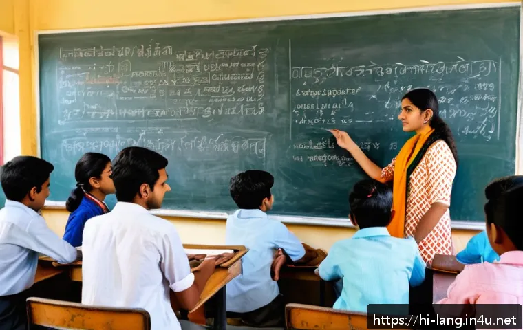 프랑스어 이론과 실기의 차이 - A detailed classroom scene showing a diverse group of Hindi-speaking students attentively learning F...