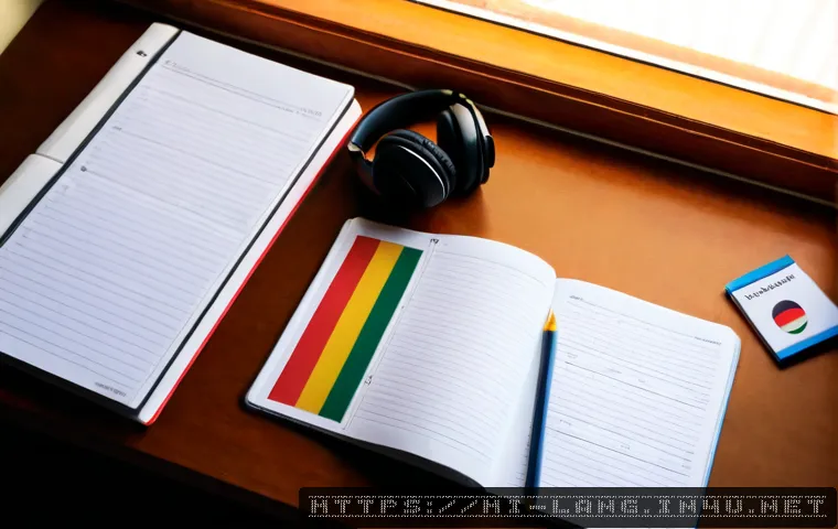 Home 17 독일어 이론 공부 필수 항목 - Photorealistic overhead study desk for learning German language theory, an open blank grammar workbo...