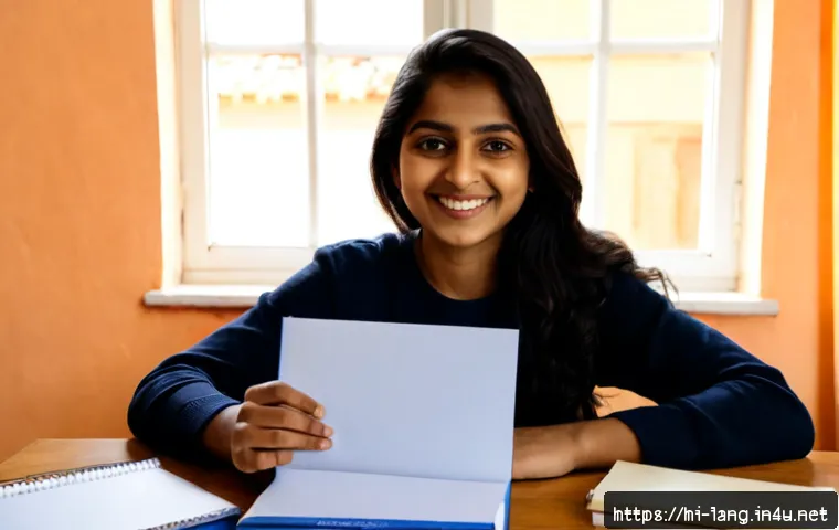 Home 17 DELF 시험 합격 후기 - Photorealistic Indian young woman celebrating a French language exam success at a tidy home study de...